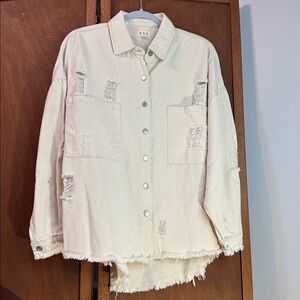 POL Distressed Cream Button-Up Shirt Jacket